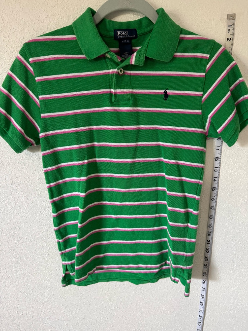 Ralph Lauren Green Polo with White & Pink Stripes Size M 10/12